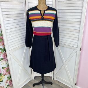 Vintage 70s DeJaVu Striped Knit Fit & Flare Dress Black Multi Medium Long Sleeve